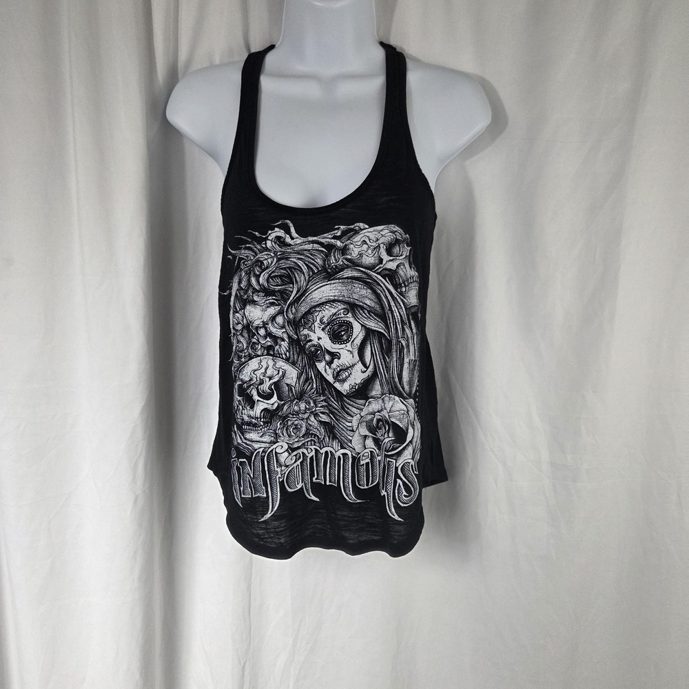 Infamous Tank Top Womens XS Black Skull Day Of The Dead Racerback Shirt